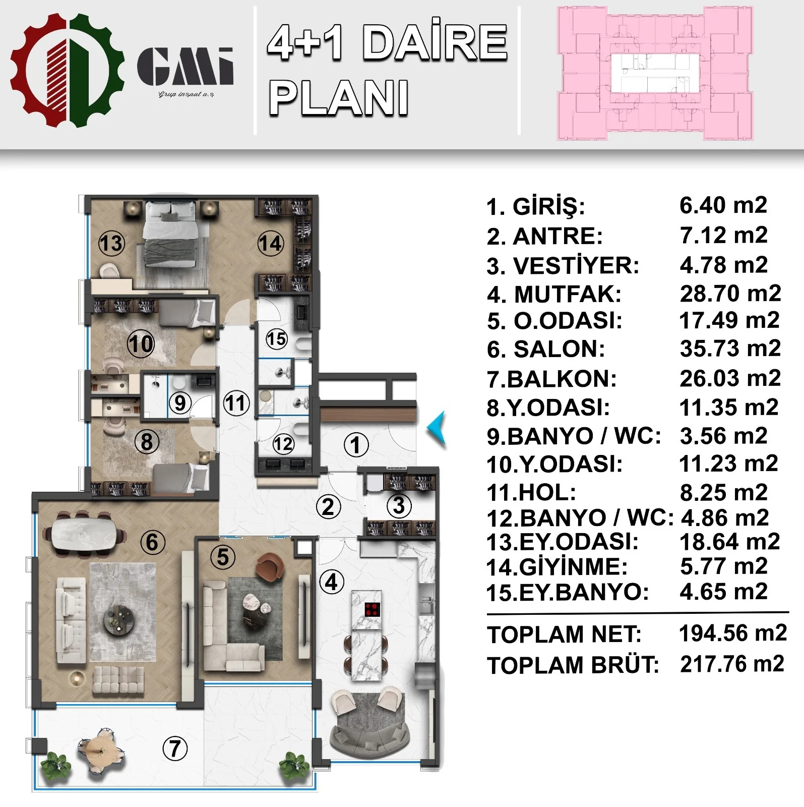 GMİ Park Favori 4+1 · 4+1 daire planı · 194,56 m² net / 217,76 m² brüt